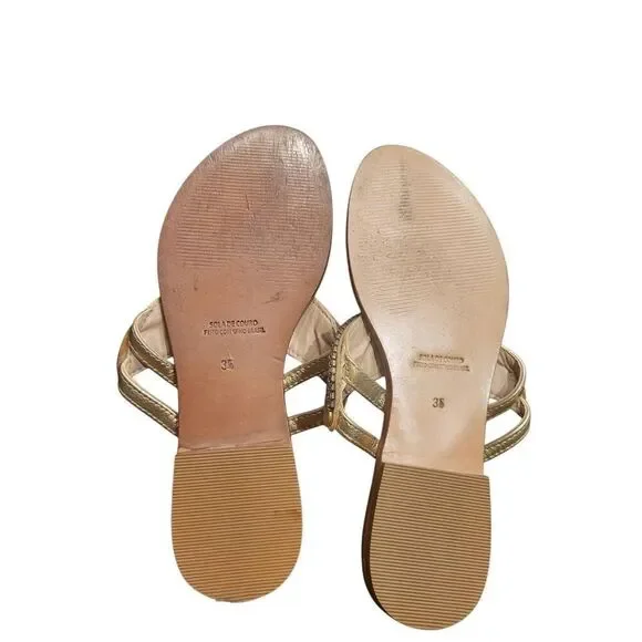 Asapatilha Sandals Women's 6 Tan Leather Beaded Rhinestone Flat Resort Boho - Picture 3 of 4